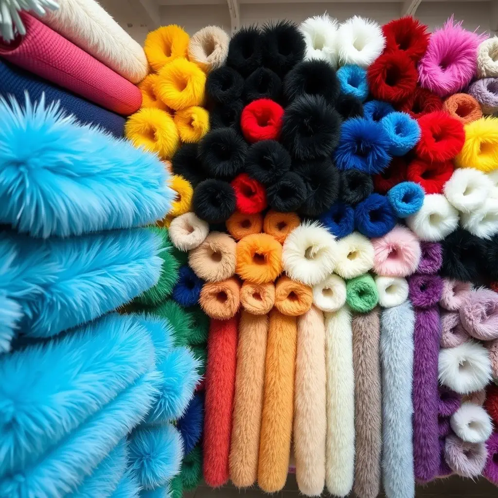 Rolls of faux fur fabric in many colours